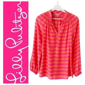 Lilly Pulitzer Elsa Top - Pink & Orange Striped Silk Popover Blouse Size XS